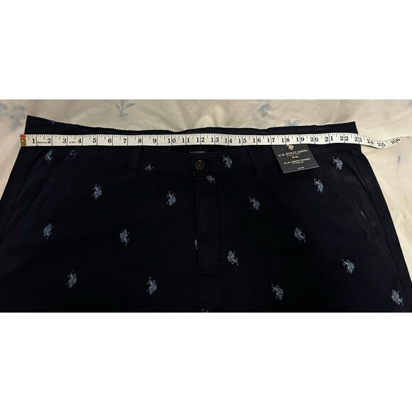 US Polo Assn Men’s Chino Flat Front All Over Logo Shorts Navy Blue Size 46 - Picture 5 of 7